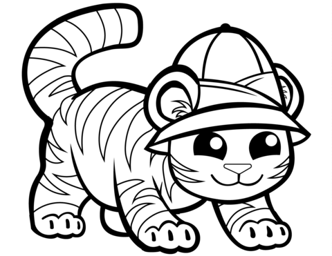 Cute Tiger In Cap Coloring Page